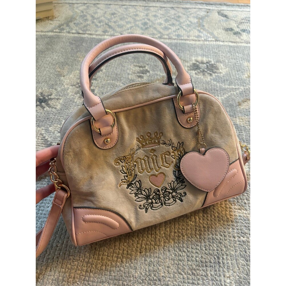 Tan and Pink Juicy Couture Heritage Bowler Bag with Heart Tag